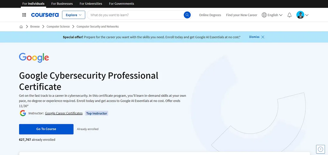 Google Cybersecurity Certificate dashboard